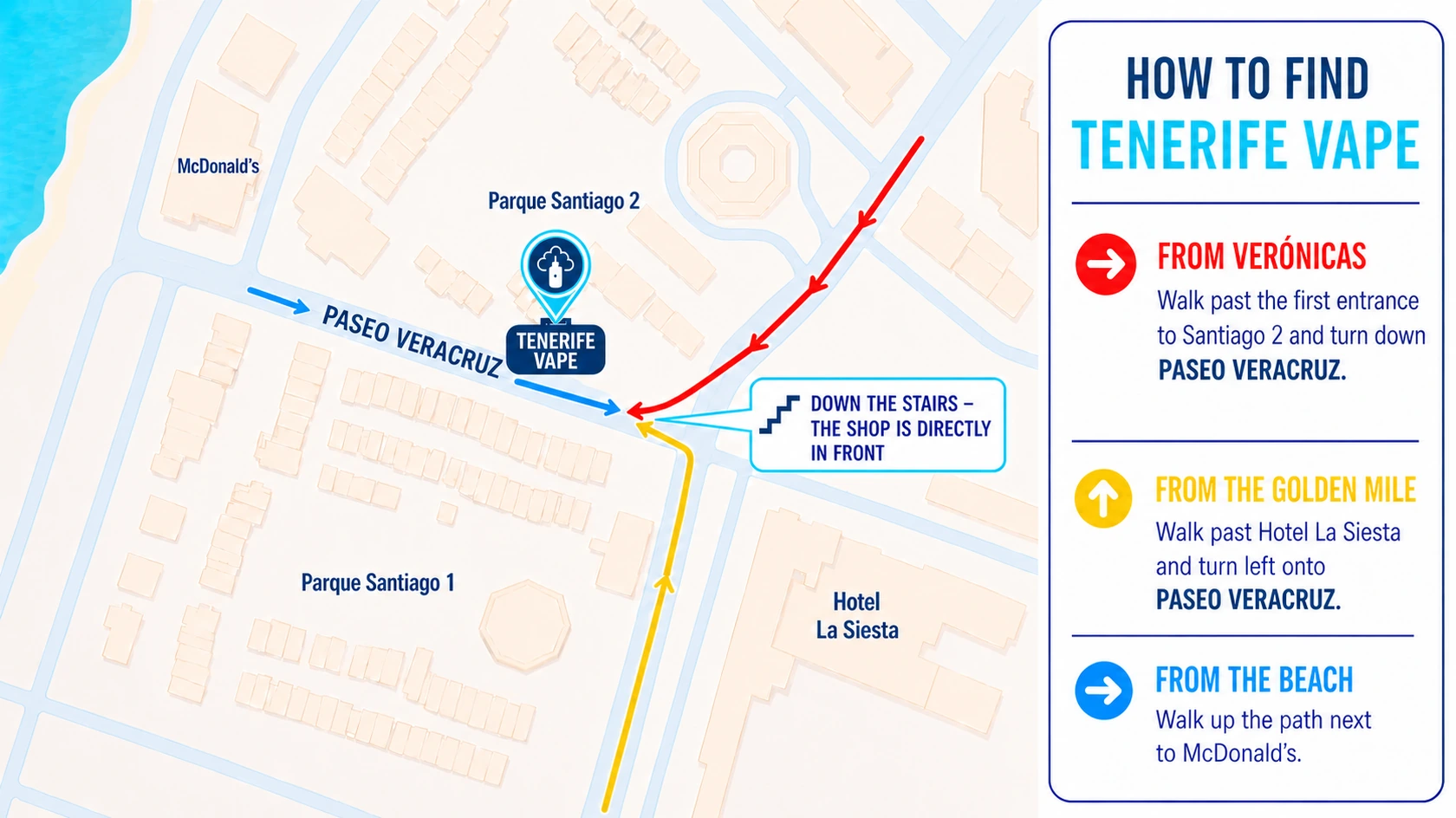 Walking map for finding Tenerife Vape from Veronicas, the Golden Mile and the beach